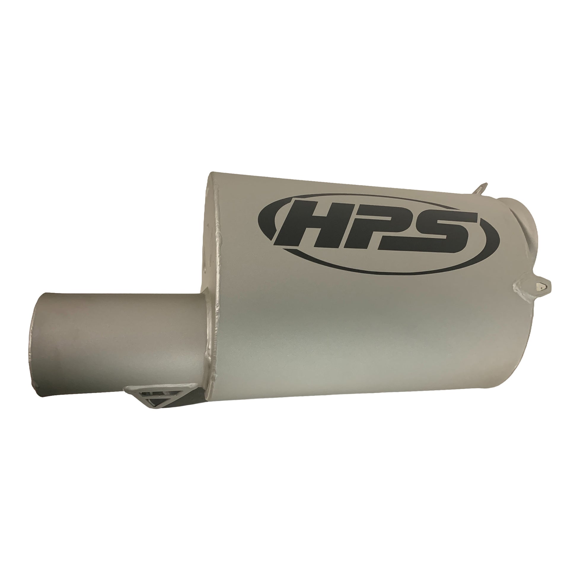 A silver metallic snowmobile exhaust muffler with a black HPS logo printed on the side, isolated on a white background.
