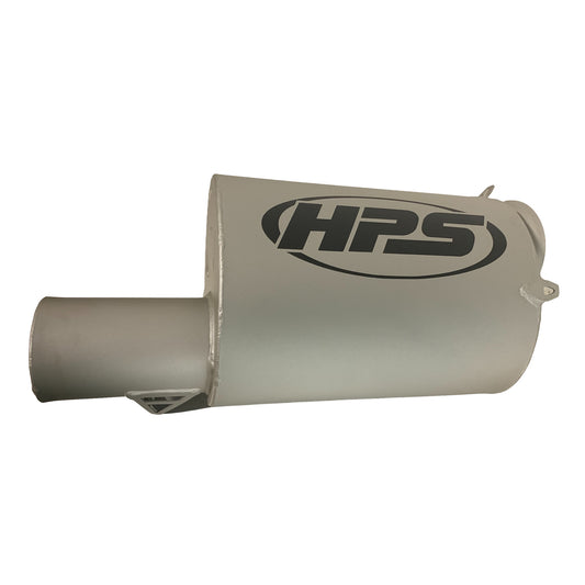 A silver metallic snowmobile exhaust muffler with a black HPS logo printed on the side, isolated on a white background.
