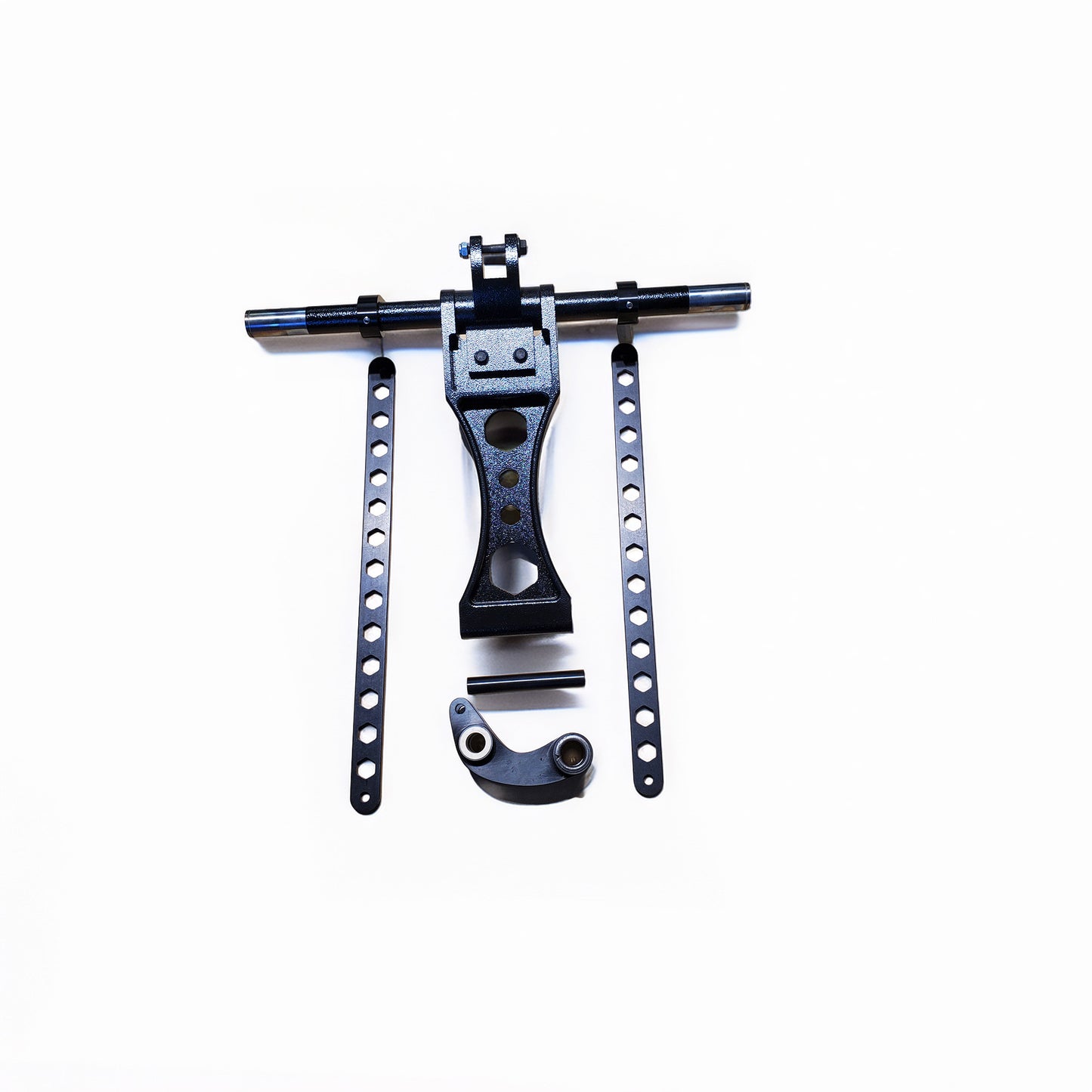 A black metal mounting accessory set with a central bracket, two long perforated side rails, a small curved bracket piece, and two small screws, arranged on a plain white background.