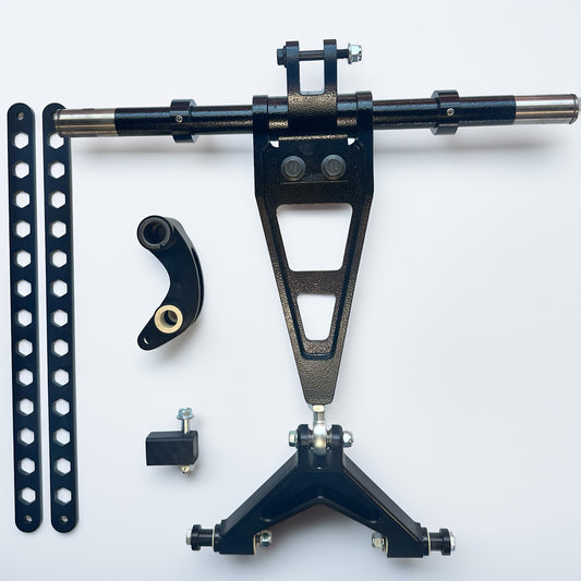 A black metal suspension or mounting hardware kit laid out on a white background, including a central bracket assembly, a long horizontal bar with silver-toned ends, two long perforated black bars, a curved black bracket piece, a small black hardware piece, and a lower triangular support bracket.