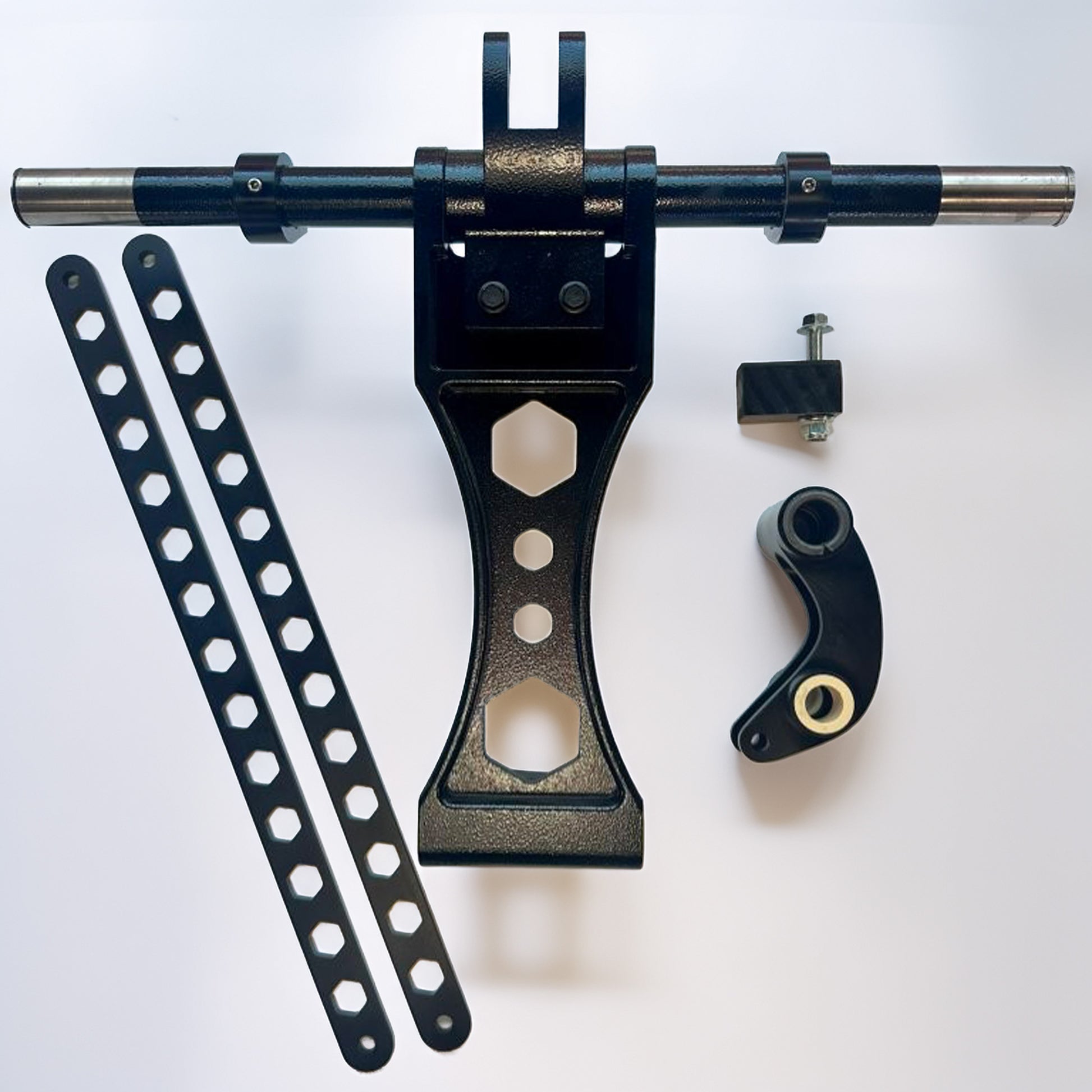 A black metal mounting hardware kit laid out on a white background, including a central bracket with a horizontal rod, two long slotted metal bars, a small square mounting piece, and a curved bracket with a brass pin.