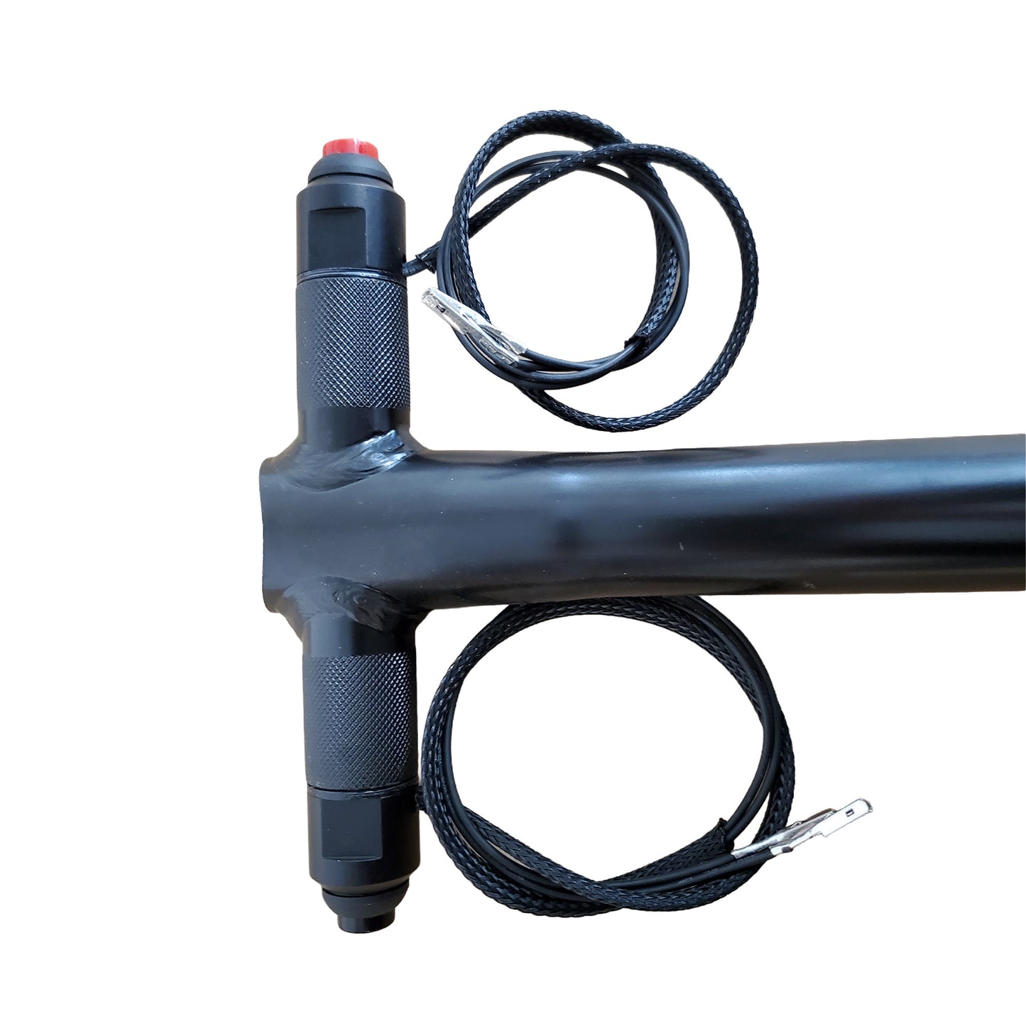 A close-up of a black metal T-bar handlebar with attached black braided cables and a small red switch on the vertical section, photographed against a plain white background.