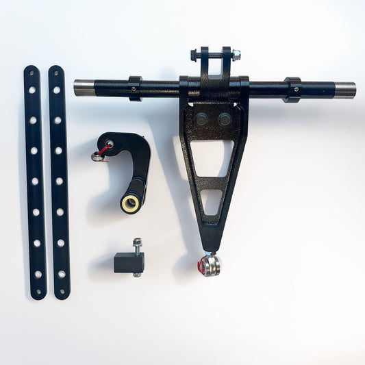 A set of black metal mechanical hardware components, including a central mounting bracket with a horizontal rod, two long vertical mounting strips, a curved bracket piece, and a small square clamp, arranged on a plain white background.
